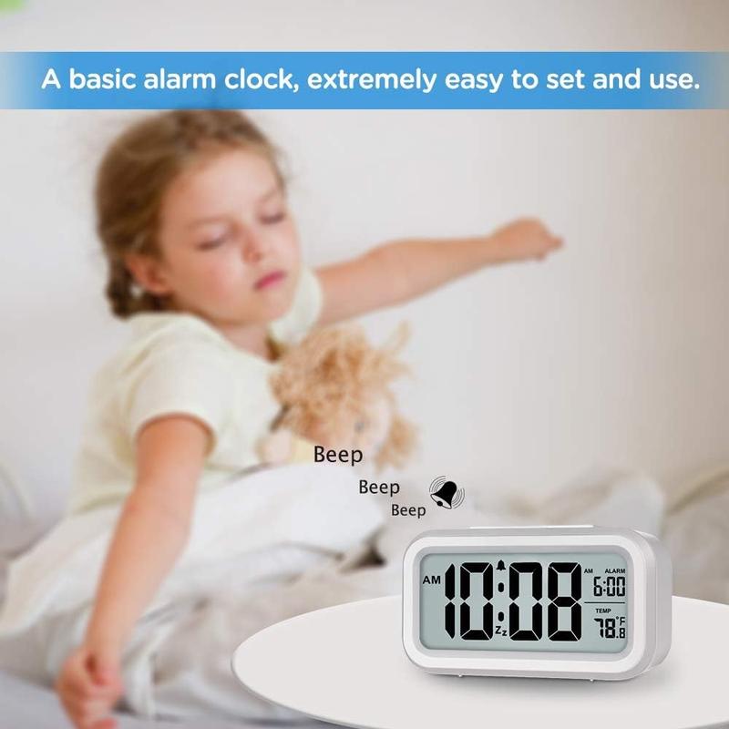 Night Light Digital Alarm Clock Battery Operated with Indoor Temperature, Desk Small Clock (White)