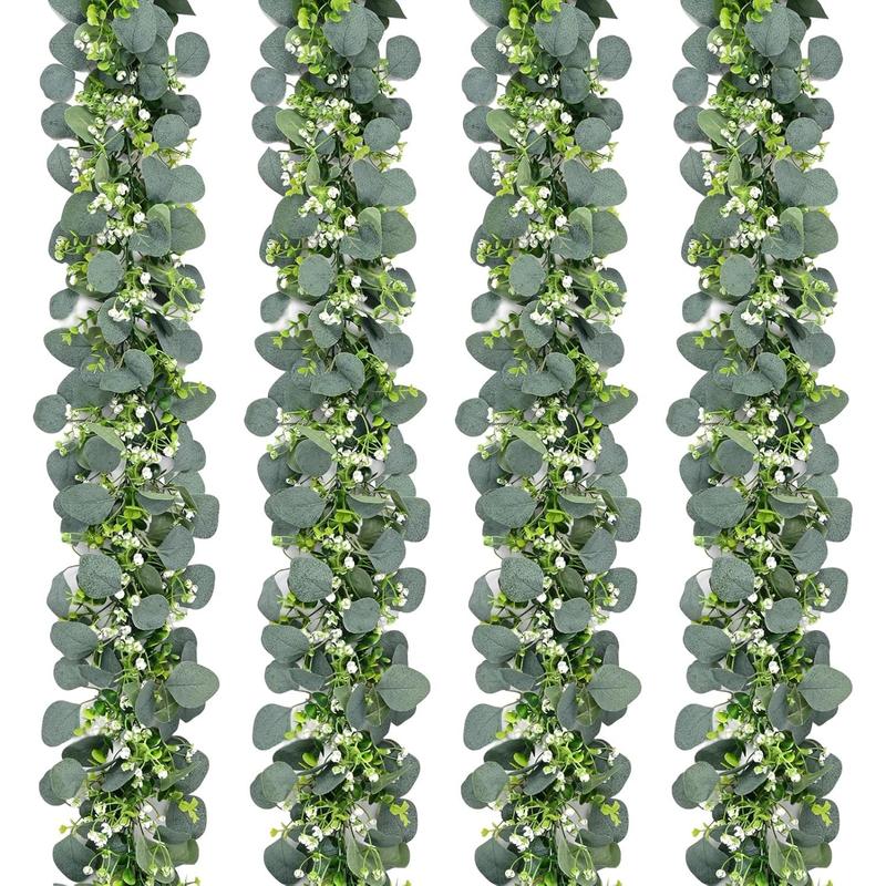 Eucalyptus Garland, 5.9FT Greenery Garland, Green Garland with Flowers, Artificial Faux Silver Dollar Eucalyptus Leaves Vines for Table Home Wedding Mantle Party Indoor Outdoor Decor Decorative Fruit Plants Plastic Silk Decoration Hand Light Ornaments