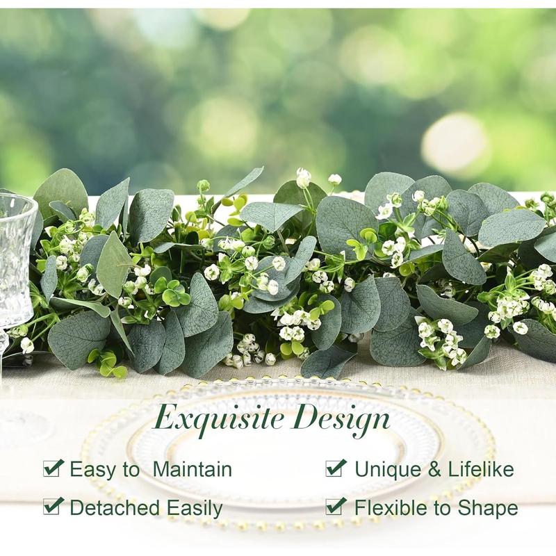 Eucalyptus Garland, 5.9FT Greenery Garland, Green Garland with Flowers, Artificial Faux Silver Dollar Eucalyptus Leaves Vines for Table Home Wedding Mantle Party Indoor Outdoor Decor Decorative Fruit Plants Plastic Silk Decoration Hand Light Ornaments