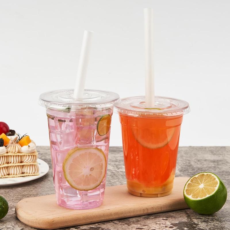 100 Pack of 16 oz. Crystal Clear Plastic Cups with Lids - Disposable Iced Coffee Cups with Flat Lids, Perfect for Party, Lemonade Stand, Cold Drinks like Juice and Milkshake - Sleek and Durable Smoothie Cups