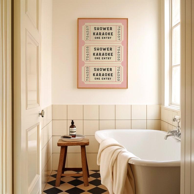 Shower Karaoke Ticket Print Pink Bathroom Retro Cream Aesthetic Shower Singing Funny Wall Art Vintage Trendy Home Decor Physical Print