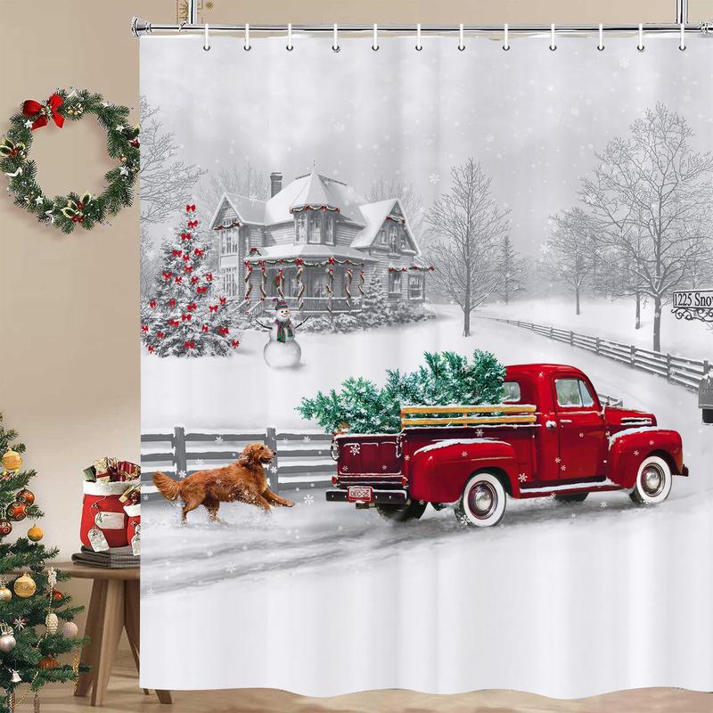 PAUSEBOLL Winter Christmas Shower Curtain White Snow Vintage Red Truck Holiday Trees and Pet Dog Welcome Home Bathroom Shower Curtain with Hooks Waterproof Home Decor Curtain 72x72 Inch