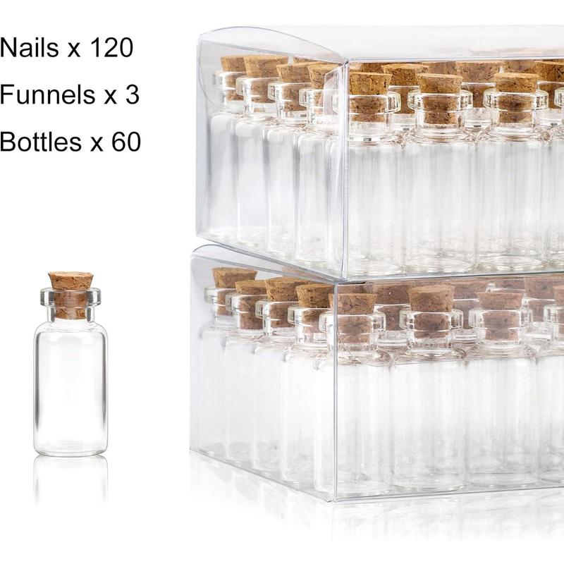 60pcs 2mL Mini Glass Bottles, Spell Jars with Cork Stoppers, Small Vials with Eye Screws and Funnels for Art Crafts Wedding Party Favors