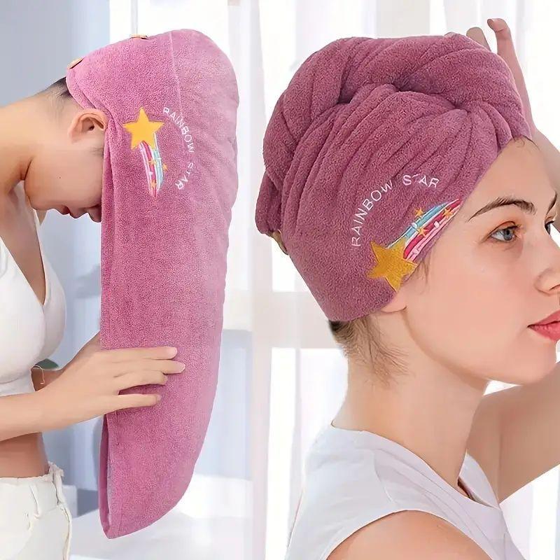 Cute Embroidered Hair Drying Towel, 1 Count Soft Coral Fleece Hair Towel Wrap, Absorbent Shower Cap for Women & Girls