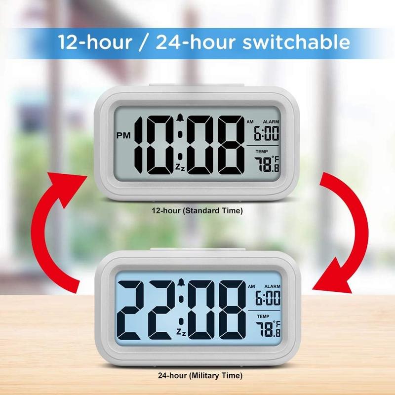 Night Light Digital Alarm Clock Battery Operated with Indoor Temperature, Desk Small Clock (White)