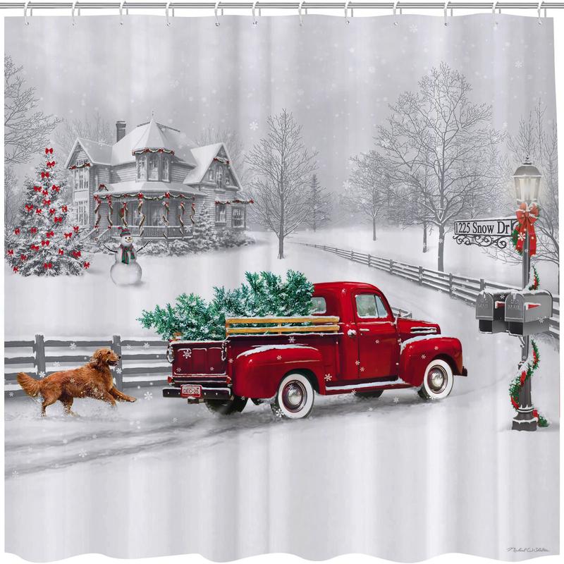 PAUSEBOLL Winter Christmas Shower Curtain White Snow Vintage Red Truck Holiday Trees and Pet Dog Welcome Home Bathroom Shower Curtain with Hooks Waterproof Home Decor Curtain 72x72 Inch