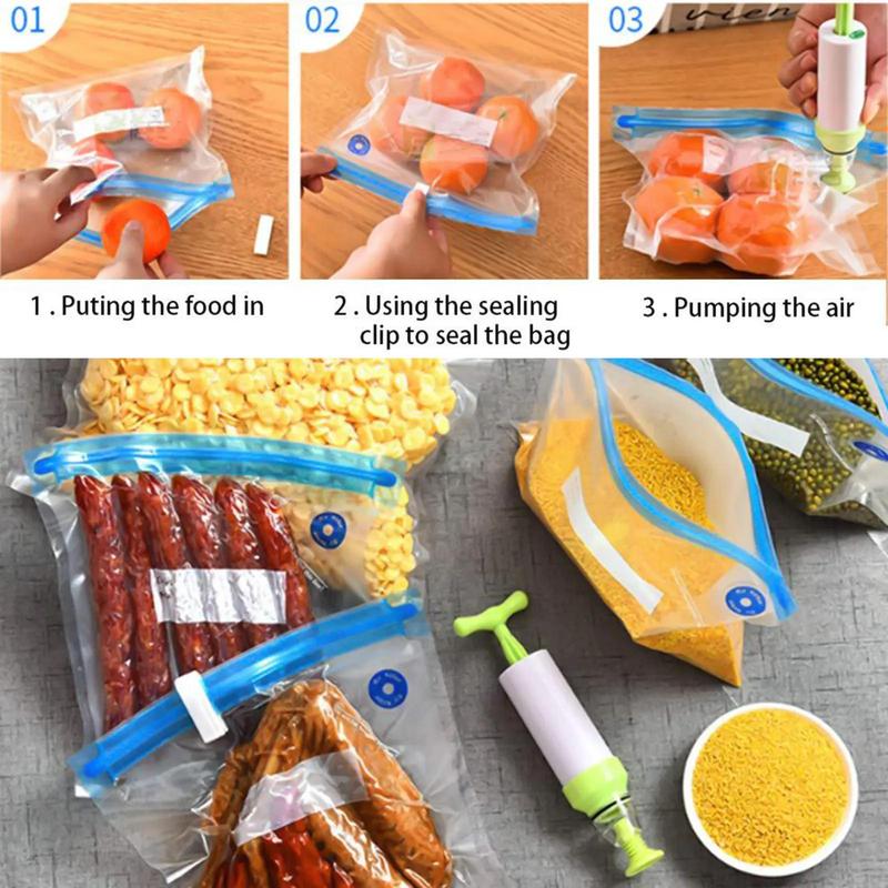 Transparent Zipper Food Storage Bag, 17pcs set Reusable Vacuum Sealed Food Storage Bag, Including 15pcs 3 Sizes Food Bags & 2pcs Sealing Clips, Household Storage Bag for Kitchen