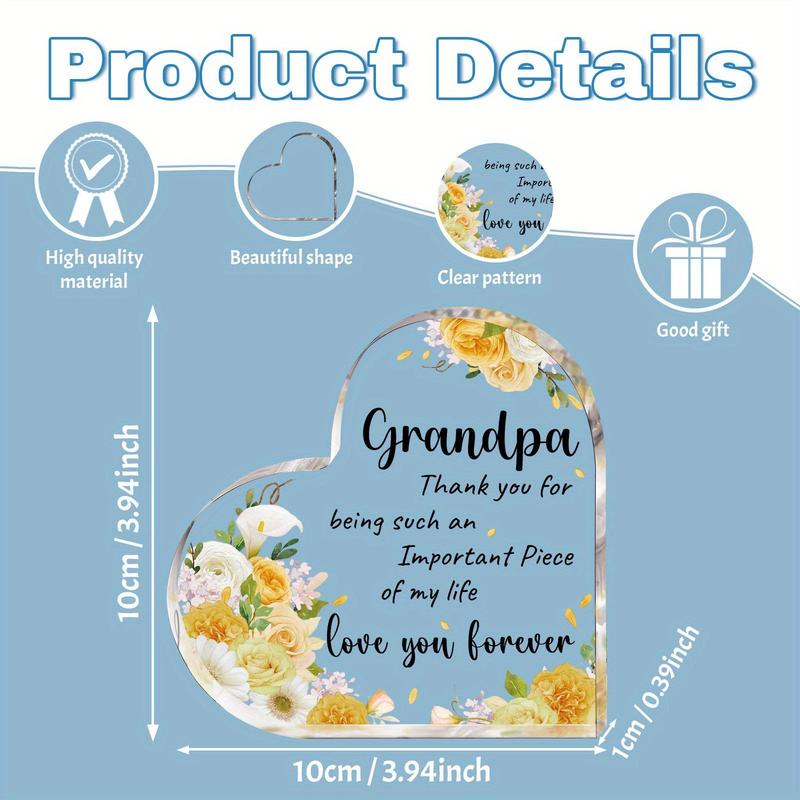 Grandpa Gift Acrylic Plaque, 1 Count Flower & Letter Pattern Desk Signs Ornament, Birthday Gift Ideas, Thank You Gifts for Grandpa