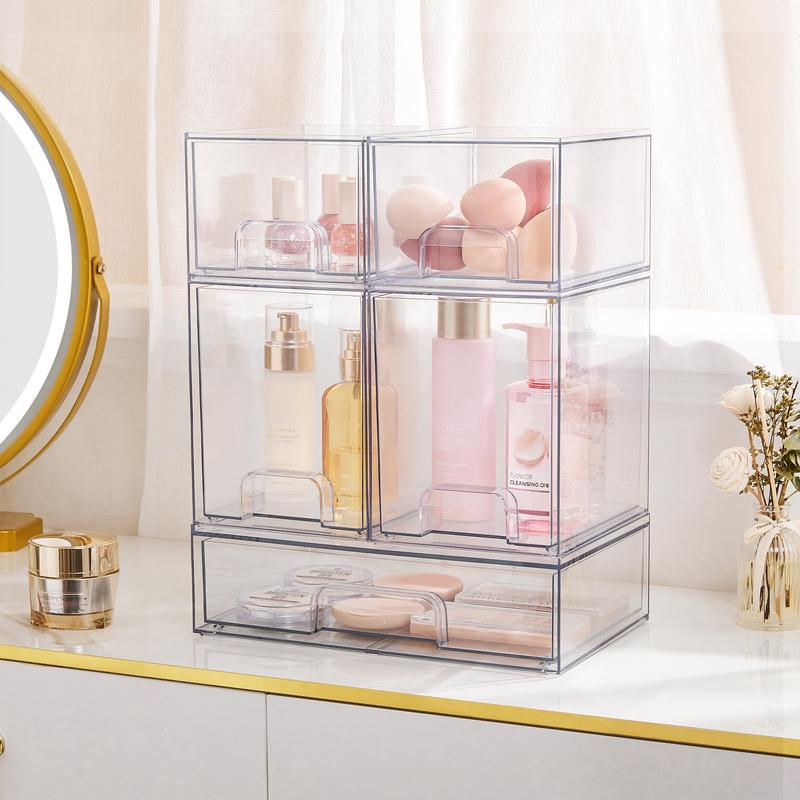 4 Pack Clear Stackable Storage Drawers, 4.4'' Tall Acrylic Bathroom Makeup Organizer,Plastic Storage Bins For Vanity, Undersink, Kitchen Cabinets, Pantry, Home Organization and Storage