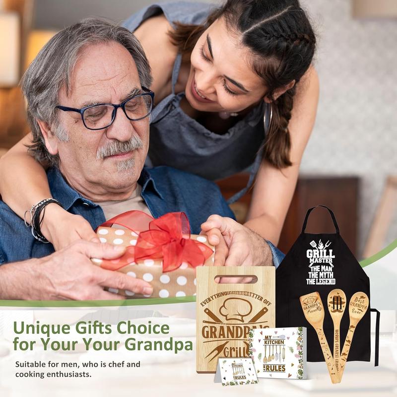 Grandpa Gifts, Fathers Day Grandpa Gifts from Grandkids, Grandpa Birthday Gift Wooden  Board Utensils Set with Apron,  Grandpa Grandparents Day Stocking Stuffer Kitchen Gift