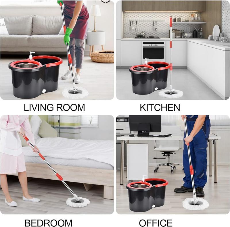 Household Cleaning Spin Mop Set with Bucket Wrings System, 3pcs Microfiber Mop Head, 61-inch Adjustable Extendable Pole, Stainless Steel Handle Box