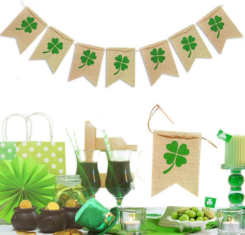 Lucky Shamrock Burlap Garland Banners for St.Patrick's Day Decorations Rustic Burlap Shamrock Clover Banner Garland for Irish Day, Office, Party Supplies Decor