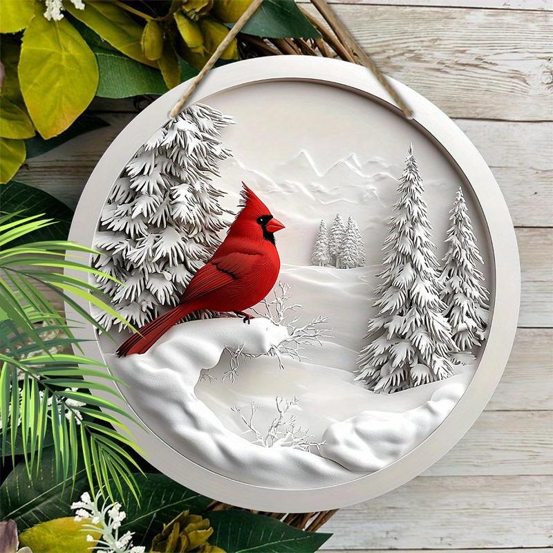 Wooden Hanging Sign, Classic Cardinal Warm Winter Wooden Sign, Round Hanging Decor for Yard Door Wall, Ideal Christmas Decoration