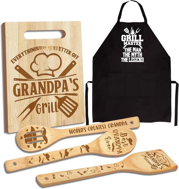 Grandpa Gifts, Fathers Day Grandpa Gifts from Grandkids, Grandpa Birthday Gift Wooden  Board Utensils Set with Apron,  Grandpa Grandparents Day Stocking Stuffer Kitchen Gift