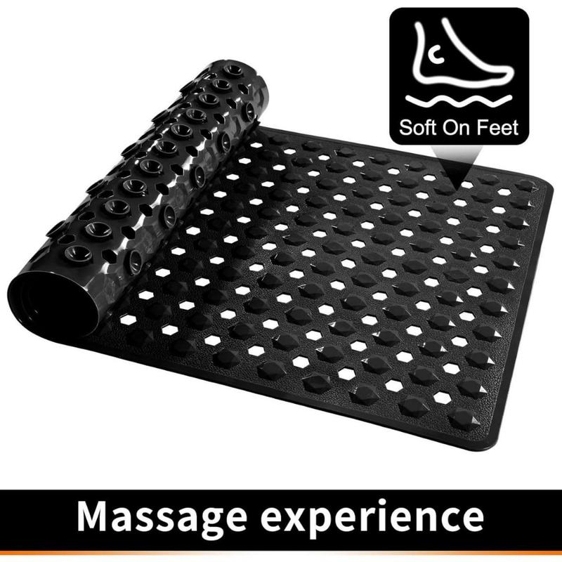 Bathtub Shower Mat, Long Non Slip Bath Mats for Tub with Drain Hole and Suction Cups, Soft on Feet, Machine Washable, Easy Dry, 34.5 x 15.5 Inch, Black(Creative Life Pavilion)