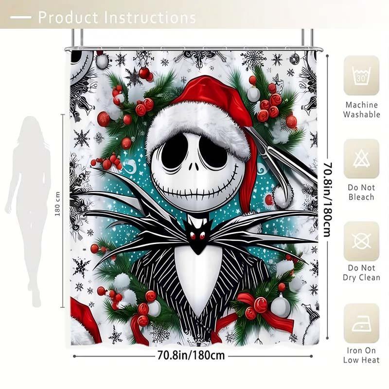 The Nightmare Before Christmas Themed Shower Curtain, 1 Count Waterproof Shower Curtain with 12 Hooks, Bathroom Decor for Home Hotel Salon Dormitory