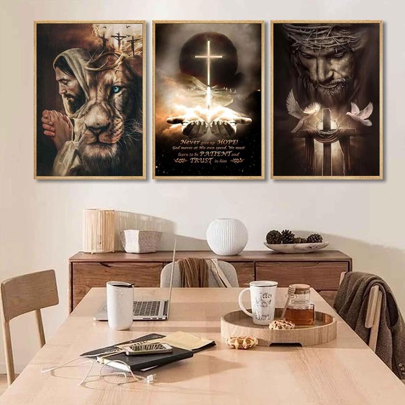 3Pcs Jesus Wall Art Jesus Lion Posters Pictures Christian Paintings Cross Bible Art Canvas Prints Cross And Peace Dove Decor Redemption And God Series for Room Religious Churches Wall Decor Unframed