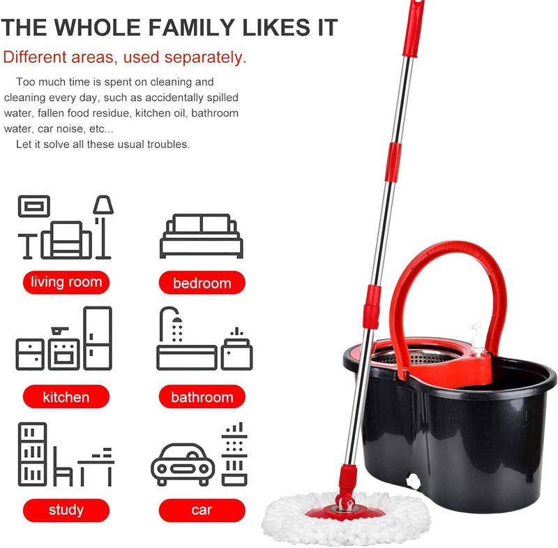 Household Cleaning Spin Mop Set with Bucket Wrings System, 3pcs Microfiber Mop Head, 61-inch Adjustable Extendable Pole, Stainless Steel Handle Box