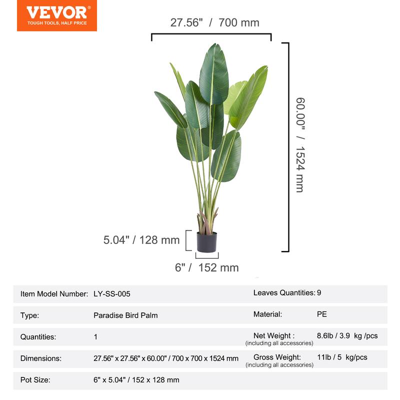 VEVOR Artificial Birds Of Paradise Tree, 5 FT Tall Faux Plant, PE Material & Anti-Tip Tilt Protection Low-Maintenance Plant, Lifelike Green Fake Tree for Home Office Warehouse Decor Indoor Outdoor Decorative Fruit