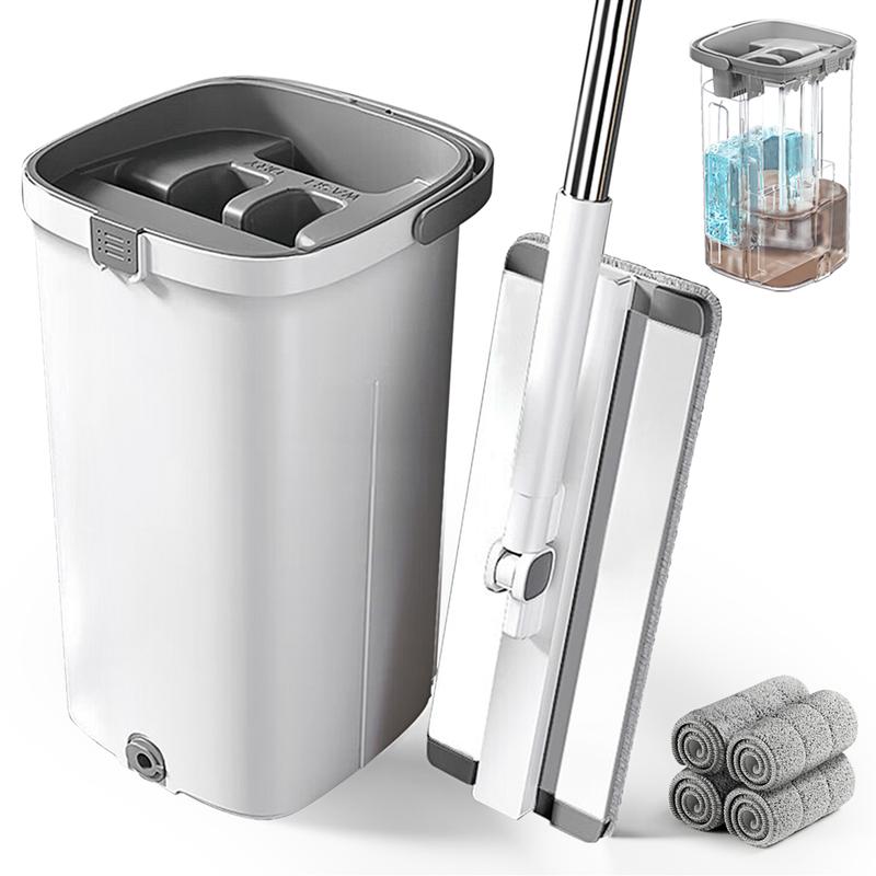 Flat Spin Mop and Bucket Set with Wringer, Separates Dirty and Clean Water with 2-Chamber System, Wet and Dry Mops for Home Floor Cleaning with Long Handle, with 4 6 Reusable Washable Microfiber Pads