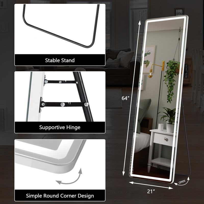 FurniChic Haven LED Illuminated Mirror, Adjustable Brightness, 3 Color Interchangeable, Wall Mounted Floor Mirror Switch Light