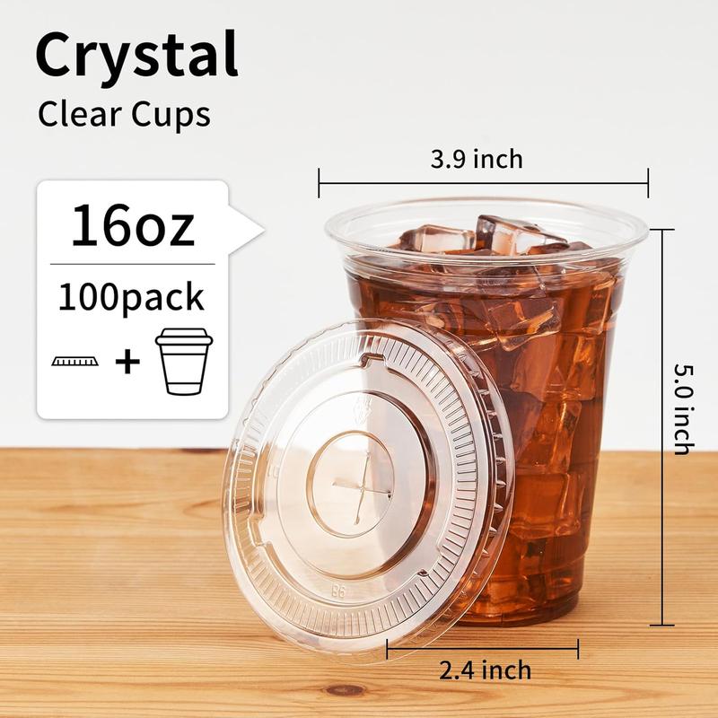 100 Pack of 16 oz. Crystal Clear Plastic Cups with Lids - Disposable Iced Coffee Cups with Flat Lids, Perfect for Party, Lemonade Stand, Cold Drinks like Juice and Milkshake - Sleek and Durable Smoothie Cups