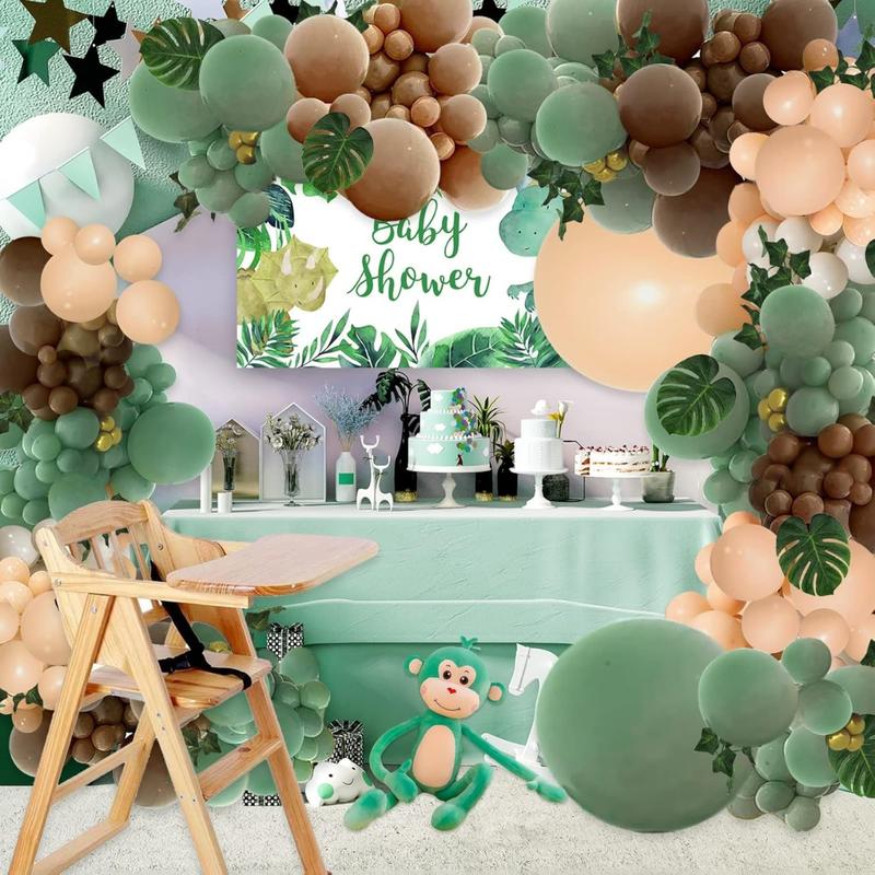 148Count Sage Green Brown Balloon Garland Kit, Jungle Safari Woodland Forest Camper Balloon Arch, Olive Green Gold Coffee Cocoa Balloons for Birthday Wedding Shower Party Decorations