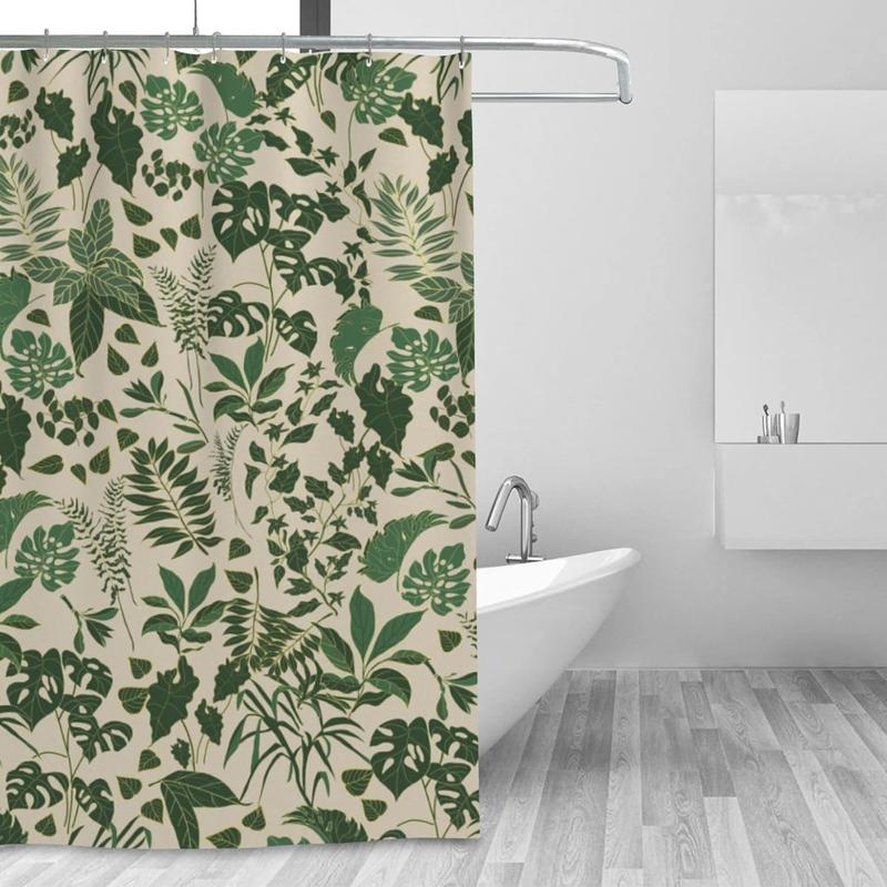 Leaf Print Shower Curtain, 1 Count Punch Free Waterproof Shower Curtain with 12pcs Hooks, Bathroom Supplies for Home Bathroom