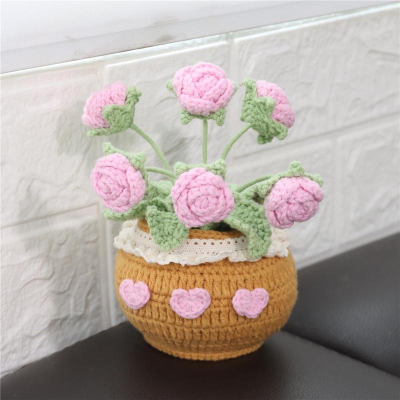 Handmade Knitted Rose Artificial Potted Flower, 1 Count Crochet Flower, Desktop Decorative Flower Pot for Home Office Decor, Gift for Friend & Family, Christmas 2024 Ornament, Christmas Gift Ideas, Crocchet Flowers Home Decor