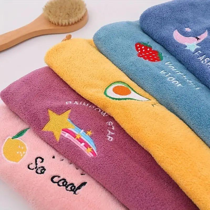 Cute Embroidered Hair Drying Towel, 1 Count Soft Coral Fleece Hair Towel Wrap, Absorbent Shower Cap for Women & Girls