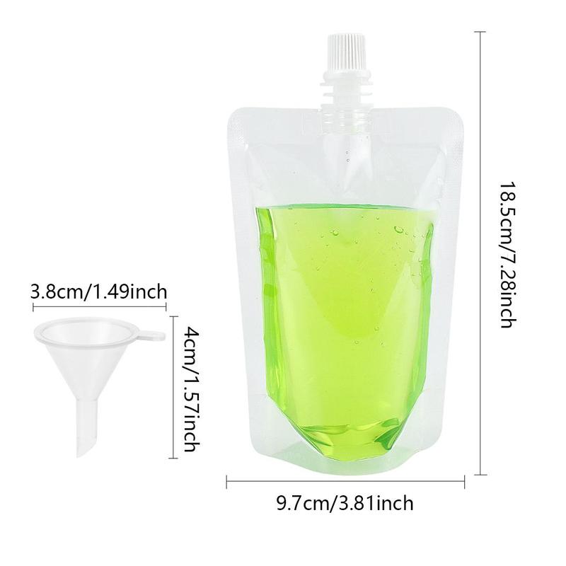 200ml Disposable Clear Liquid Beverage Bag with Mini Funnel, Spout Juice Beverage Pouch, Leak Proof Refillable Dispensing Pouch for Travel Shampoo Lotion