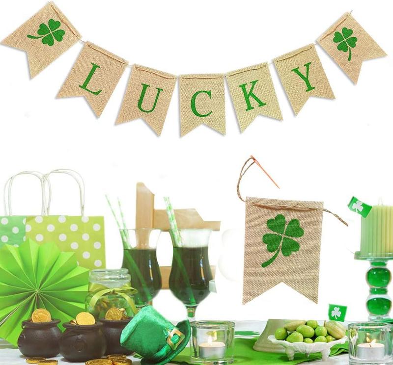 Lucky Shamrock Burlap Garland Banners for St.Patrick's Day Decorations Rustic Burlap Shamrock Clover Banner Garland for Irish Day, Office, Party Supplies Decor