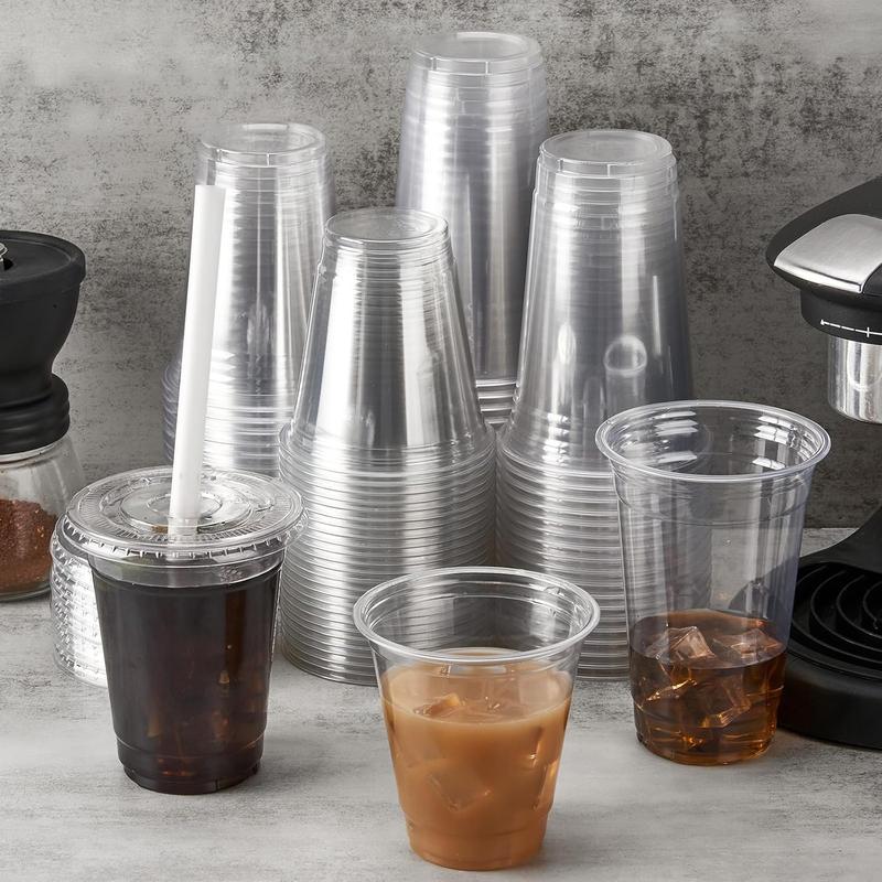 100 Pack of 16 oz. Crystal Clear Plastic Cups with Lids - Disposable Iced Coffee Cups with Flat Lids, Perfect for Party, Lemonade Stand, Cold Drinks like Juice and Milkshake - Sleek and Durable Smoothie Cups