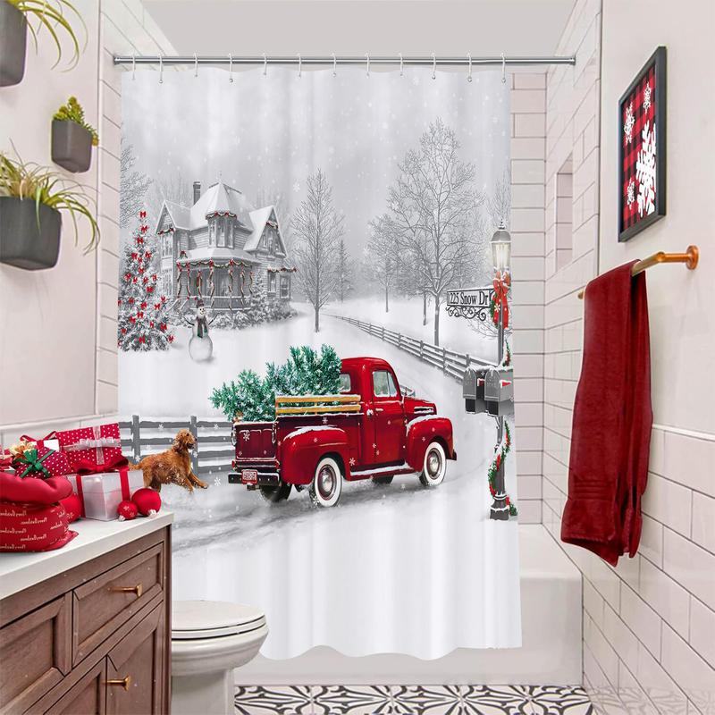 PAUSEBOLL Winter Christmas Shower Curtain White Snow Vintage Red Truck Holiday Trees and Pet Dog Welcome Home Bathroom Shower Curtain with Hooks Waterproof Home Decor Curtain 72x72 Inch