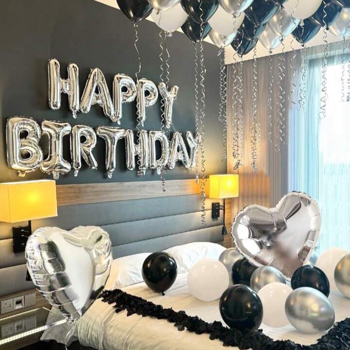 45pcs Black White Silver Birthday Party Decoration Balloons Set with 16 Inch Silver Happy Birthday Banner