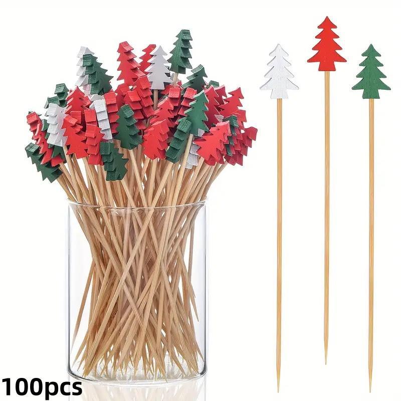 Christmas Tree Design Fruit Stick, 100pcs set Disposable Bamboo Toothpick, Multi-functional Bamboo Toothpick for Appetizers, Cupcakes, Party Decorations