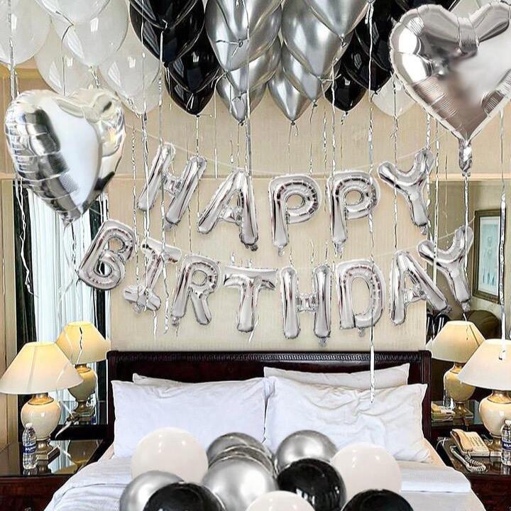 45pcs Black White Silver Birthday Party Decoration Balloons Set with 16 Inch Silver Happy Birthday Banner