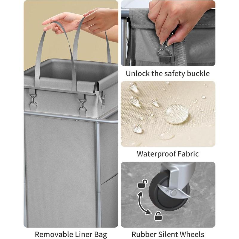 Laundry Basket with Wheels, Rolling Laundry Hamper, 29 Gallons (110L), Removable Liner and Steel Frame - Steel Frame with Handle -  Grey, 19.6 x 15.5 x 32.6 Inches