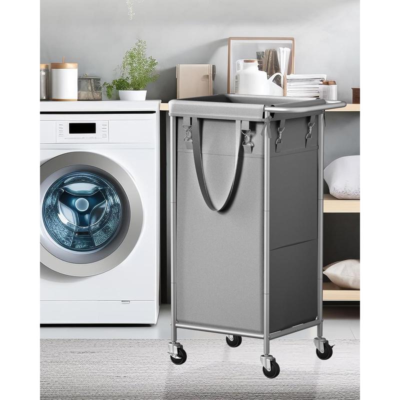 Laundry Basket with Wheels, Rolling Laundry Hamper, 29 Gallons (110L), Removable Liner and Steel Frame - Steel Frame with Handle -  Grey, 19.6 x 15.5 x 32.6 Inches