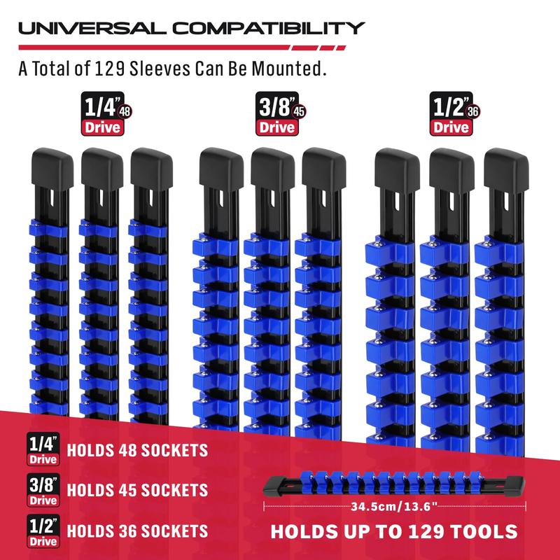 Socket Organizer Set 9-piece, 1 4-Inch x 48 Clips, 3 8-Inch x 45 Clips, 1 2-Inch x 36 Clips, Socket Rail Heavy Duty Holder with Socket Labels, Socket Organizer for Tool Box Drawer Blue