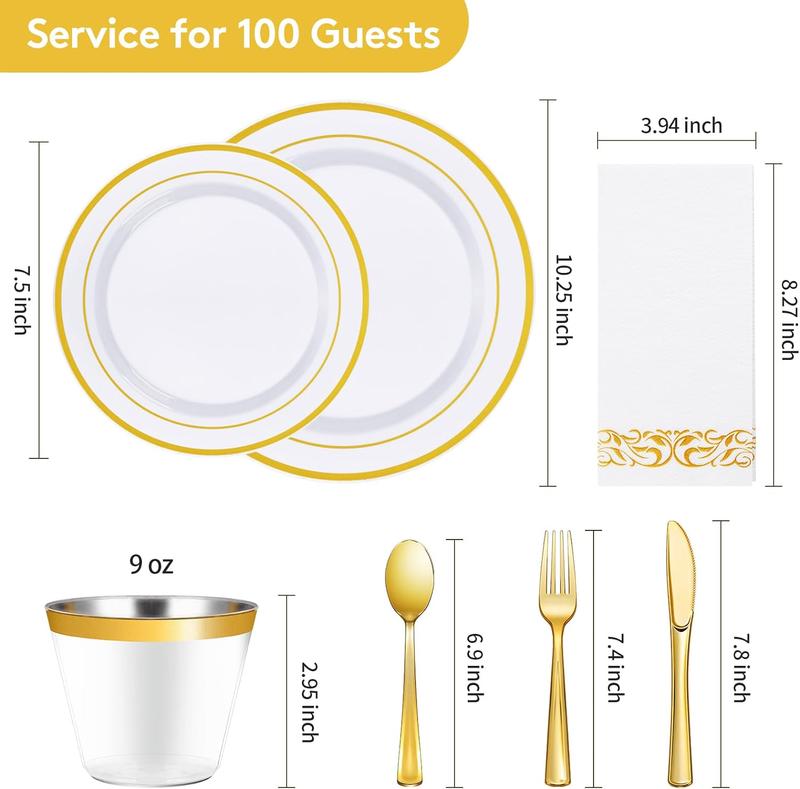 Wellife 700 Piece Gold Rose Gold Silver Dinnerware Set for 100 Guests, Plastic Plates Disposable for Party, Include: 100 Dinner Plates, 100 Dessert Plates, 100 Paper Napkins, 100 Cups, 100 Silverware Set(Gold)