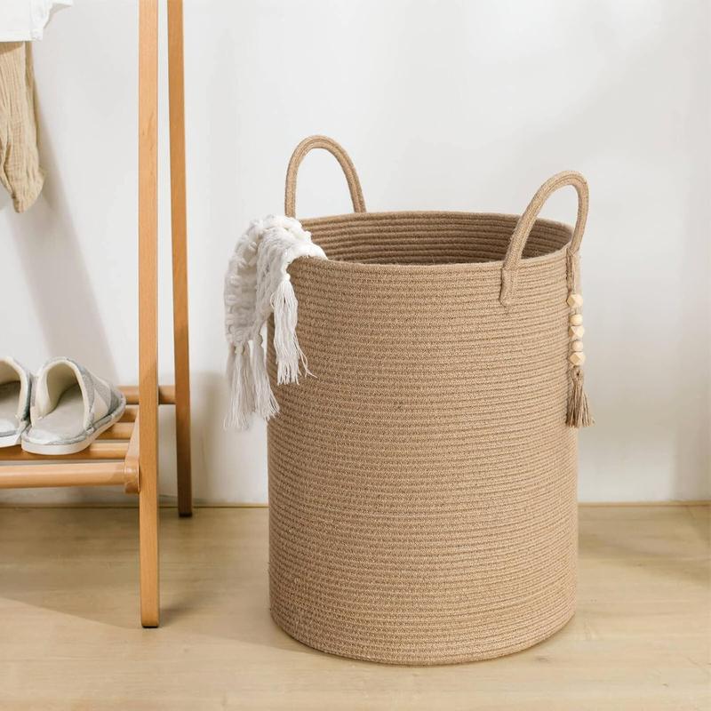 Goodpick Tall Wicker Laundry Basket with Handles, Boho Decorative Storage Basket Organiser for Living Room, Bedroom, Entryway, Bathroom, Large Woven Blanket Basket for Pillows, Towels, Shoes, Jute