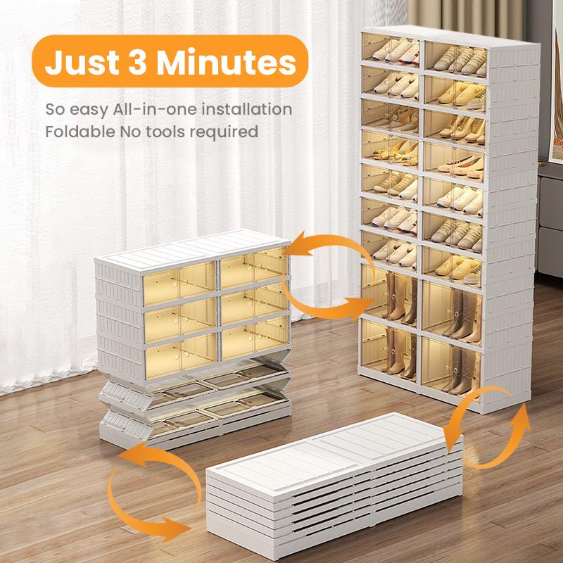 NLDD Expandable 9-Tier Shoe Rack with Clear Doors and Wheels: Collapsible Plastic Storage for 18 Pairs, Space Saving Cabinet for Bedroom Box Boxes