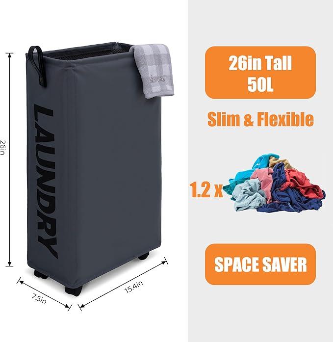 26-Inch Slim Laundry Basket with Wheels - Collapsible Tall Rolling Hamper, Washable & Breathable Mesh Liner, Waterproof & Dustproof Laundry Cart