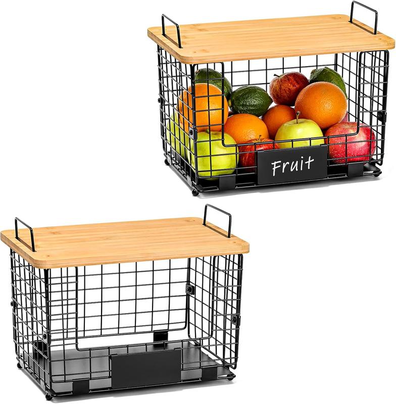 2 Set Stackable Wire Basket with Bamboo Top, Kitchen Counter, Pantry Organizer and Storage, Produce Onion Potato Fruits Vegs Bread Food Snack Spice Organizing Bin for Cabinet Shelf Countertop Floor XL