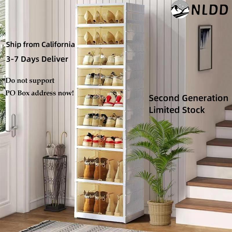 NLDD Expandable 9-Tier Shoe Rack with Clear Doors and Wheels: Collapsible Plastic Storage for 18 Pairs, Space Saving Cabinet for Bedroom Box Boxes