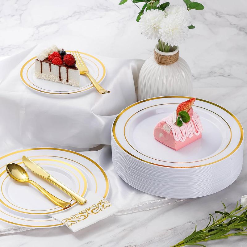 Wellife 700 Piece Gold Rose Gold Silver Dinnerware Set for 100 Guests, Plastic Plates Disposable for Party, Include: 100 Dinner Plates, 100 Dessert Plates, 100 Paper Napkins, 100 Cups, 100 Silverware Set(Gold)