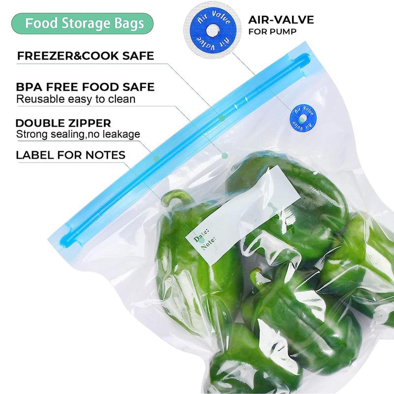 Sous Vide Bags 31pcs, (8.5*8.5 inch) 24pcs Vacuum Zipper Bags & 2pcs Sealing Clips & 5pcs Air Valve Storage Bags Organiser Compression