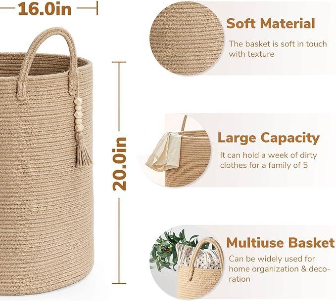 Goodpick Tall Wicker Laundry Basket with Handles, Boho Decorative Storage Basket Organiser for Living Room, Bedroom, Entryway, Bathroom, Large Woven Blanket Basket for Pillows, Towels, Shoes, Jute