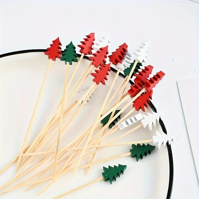 Christmas Tree Design Fruit Stick, 100pcs set Disposable Bamboo Toothpick, Multi-functional Bamboo Toothpick for Appetizers, Cupcakes, Party Decorations